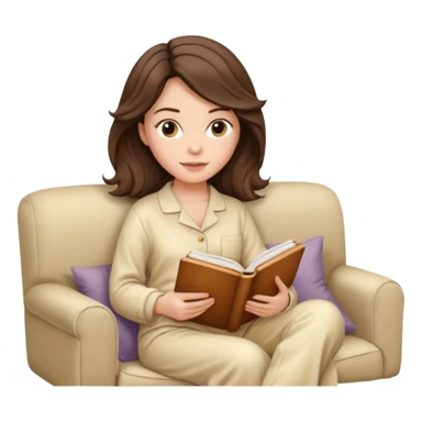 Woman with brunette hair reading on sofa. Soft wavy hair. Beige ivory pyjamas  sticker