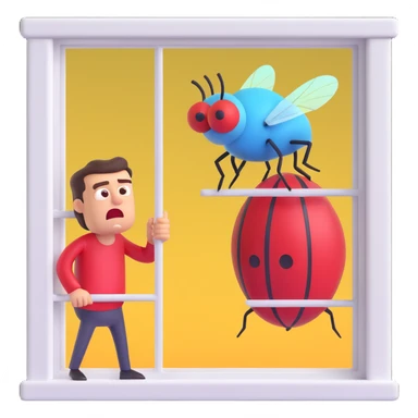 a fly on the window and angry man behind sticker