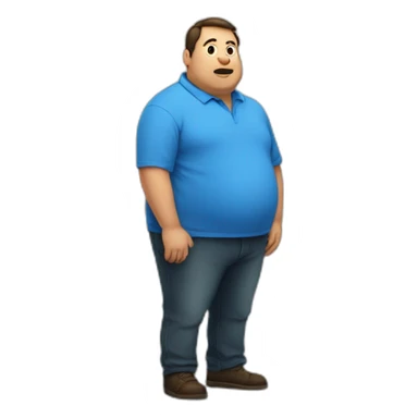 fat man in a blue shirt standing in front of a whiteboard sticker