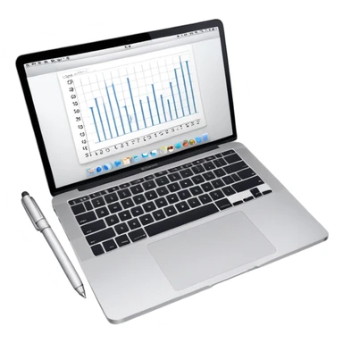 top view of a MacBook, open notebook with visible handwritten bar charts, and pen beside them sticker