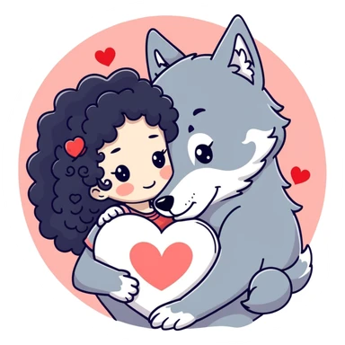 Black curly hair white skin girl hugging one big wolf with hearts above them sticker