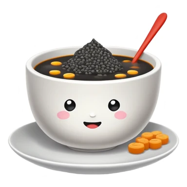 Black sesame soup sweet dessert in bowl, simplified emoji style with bold outlines and bright colors, cartoon style Zhi Ma Hu traditional Chinese treat sticker