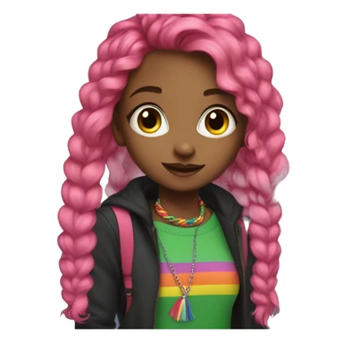 girl with bright pink and black in her hair with a green sweater and a red tie with shorts and a lot of rainbow bracelets  sticker
