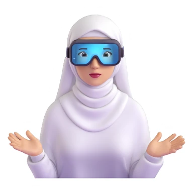 computer engineer with white hijab wearing AR glasses or VR headset, immersed in augmented reality, surrounded by floating metaverse elements, digital codes, virtual machines, tech graphics sticker