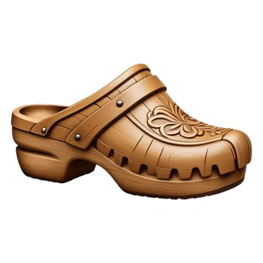 Cinematic Realistic Wooden Clogs Emoji, depicted as a pair of traditionally carved weathered wooden clogs with intricate details and rustic charm, rendered with rich textures and warm natural lighting that captures their cultural heritage. sticker