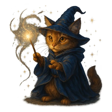 wizard cat casting a spell with sparkles around, magical fantasy style sticker