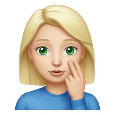 a emoji with two fingers in his nose, make him have a natural white skincolour and blonde hair, blue/green eyes, put the fingers in his nose sticker