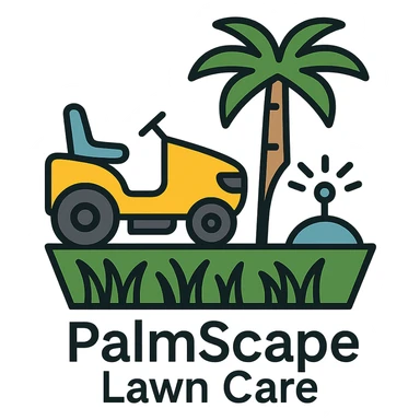 Add the company name text 'PalmScape Lawn Care' in a clean, professional font below the logo. sticker