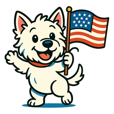 fun friendly Westie dog waving a US flag, cute cheerful energetic patriotic, vibrant toon style sticker