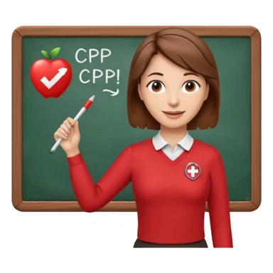 very Happy Teacher, female, brown hair up, wearing a red long sleeve top holding a pointer stick to a white board with a CPR logo. sticker