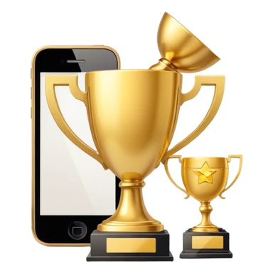 a trophy next to a mobile phone sticker