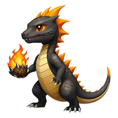 Magmatic fiery badass cool obsidian-Black and golden-orange Helioptile-Marowak-Charmander-Fakémon-hybrid-creature (full body)  sticker