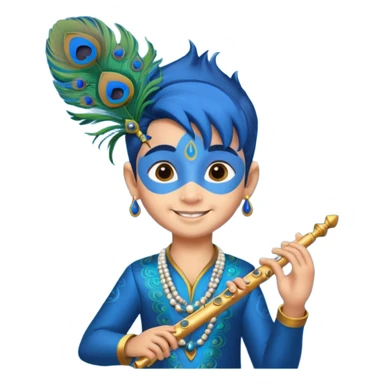 Kid Krishna, playful, holding a flute, blue skin, peacock feather in hair sticker
