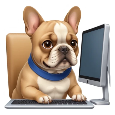 Frenchie working behind computer sticker