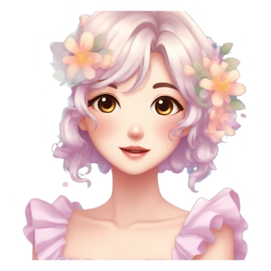 Gorgeous anime style lady blushing face dreamy idol model colorful shiny flowers kawaii pastelcore cottagecore pearly petite simplistic aesthetic trending style sticker