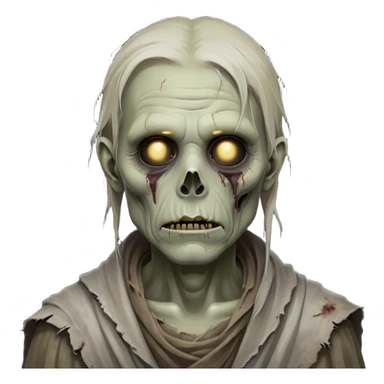 Cinematic Noble Zombie Portrait Emoji, Surprisingly dignified and somber, with a decaying yet strangely regal visage in ashen grays and muted tones, draped in tattered attire hinting at a lost grandeur, simplified yet meticulously detailed, glowing with a soft, eerie radiance and a gentle outline that evokes the tragic nobility of the undead! sticker