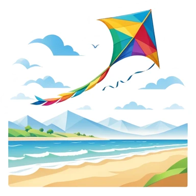 A colorful kite soaring high in the sky on a sunny day, with a long, flowing tail trailing behind. The background features an open field or beach, capturing the joy and freedom of flying kites, with gentle winds and a peaceful atmosphere. sticker
