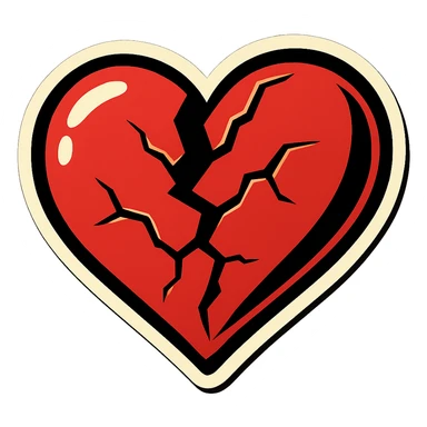 broken heart with very large cracks, clear black outlines, sharp shadows and highlights only, no gradients, retro sticker style sticker