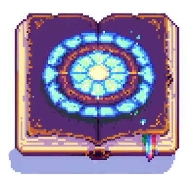 Add a magical glowing aura around the pixel art floating spellbook, keep background transparent. sticker