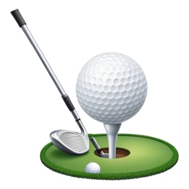 A golf ball on a tee with a golf club placed beside it, set against the backdrop of a well-manicured green golf course. The scene emphasizes the equipment and serene atmosphere of the sport, with soft lighting and a peaceful, open landscape sticker