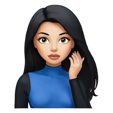 Glamours, tanned, very beautiful girl, with big pump peach-beige-rose lips, eyeliner, long long lashes, black straight smooth silky long hair, straight parting hair, blue-grey eyes, in totally black bodysuit long-sleeves sticker