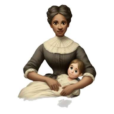 A 19th century woman with a child in her arms. There is a big letter "A" on the dress sticker