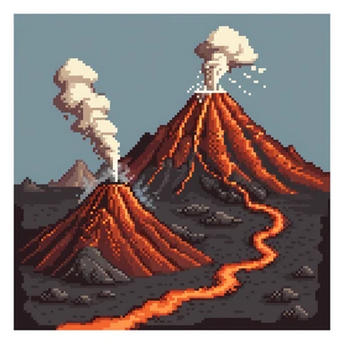 Volcanic landscape with erupting volcano, lava flows, and smoke clouds sticker