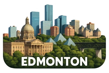 Remove the sky background from the Edmonton emoji, keeping everything else exactly the same: the skyline with the Alberta Legislature Building, Muttart Conservatory, High Level Bridge, lifelike detail, accurate colors, bright lighting, wide city view, and a fully transparent background. sticker