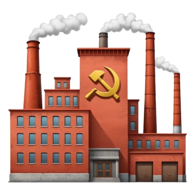 Soviet heavy equipment plant building, factory exterior, hammer and sickle, smokestacks, no people, no machinery outside sticker