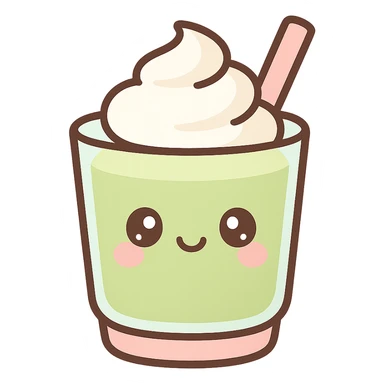 a kawaii matcha latte with a smiling face and whipped cream, cute and charming style sticker