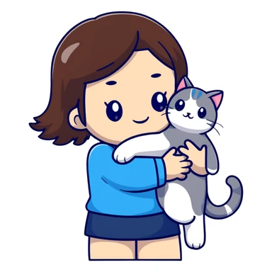 brown-haired Asian girl hugging her blue and white Manchikon cat, both cheerful sticker