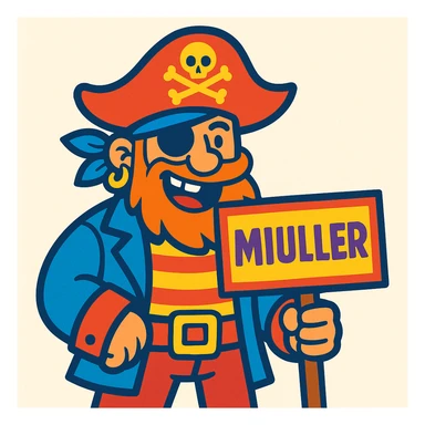 a cartoonish pirate holding a sign that says MIULLER, vibrant cartoon style, bright colors, light background sticker