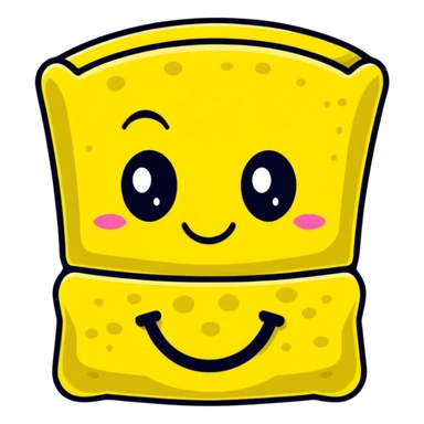 A cheerful yellow kitchen sponge with a cute smiling face and eyes sticker