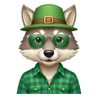 head and shoulders friendly anthropomorphised wolf in green plaid shirt and green attire for St. Patrick's Day, wearing dark sunglasses, festive pose sticker