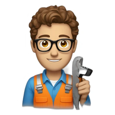 a guy with brown hair, square glasses, an orange repairman's suit, blue eyes, with a chainsaw sticker