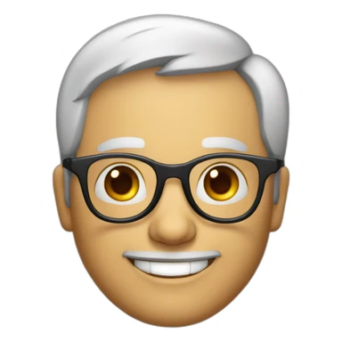 50 year old portuguese white man with black hair down below ears, round glasses and a big smile sticker