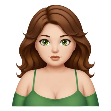 Baddie bratz girl with middle parted long wavy brown hair. green eyes. Plus size. Green spaghetti strap top. Black eyeliner sticker