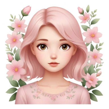 A portrait of a beautiful girl , wearing a light pink blouse and soft makeup. She has an ethereal, dreamy expression, with a blurred floral backdrop sticker