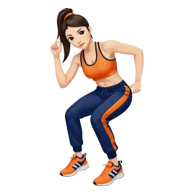 Melanie chisholm with a dark brown high ponytail, wearing an orange sports bra and navy blue track pants with sneakers sticker