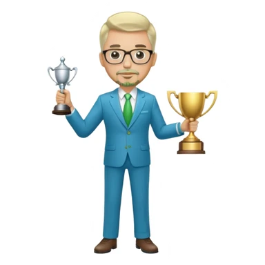 Full Body large white male  wearing glasses with a goatee with light blonde gray very short hair basketball head Coach in blue and green suit holding trophy sticker