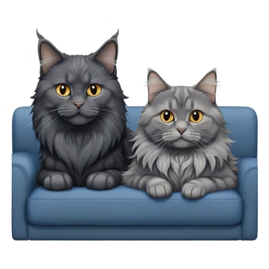 Portrait of a black smoke Maine Coon cat with long grey ear tufts, alongside a British Shorthair cat with a solid blue coat on sofa. Both cats with detailed fur textures and playful expressions. Soft, elegant background of room with warm, natural tones. Transparent background. sticker
