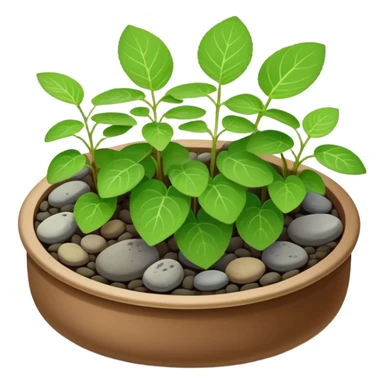 Small dish garden with Plectranthus Verticillatus sprouts having perfectly circular coin-shaped leaves arranged with small rocks sticker