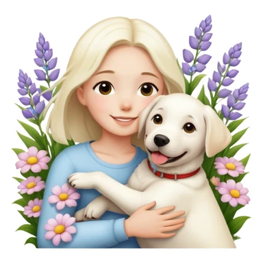 A girl happily hugs a white Labrador among the flowers sticker