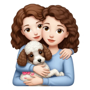 Beautiful woman with pale skin and brown hair hugging a white poodle dog sticker