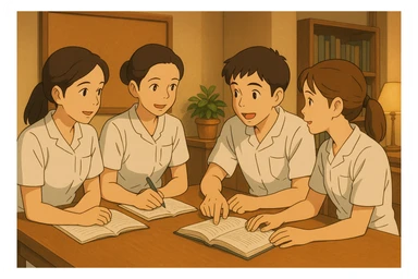 Quatre étudiants infirmiers inspirés des références, en style Ghibli, travaillant en collaboration et en interaction à l'intérieur. Uniformes blancs à manches courtes, tuniques médicales col en V, poche poitrine à gauche, avant-bras nus, pas de pied de col ni stéthoscopes, cheveux longs attachés pour celles qui en ont. Ambiance chaleureuse, professionnelle, décor intérieur. sticker