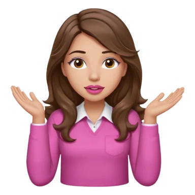 girl with long wavy brown hair, brown eyes, light to medium complexion, in a pink shirt, pink lips, long lashes, puckered lips, both hands all the way up for worship sticker