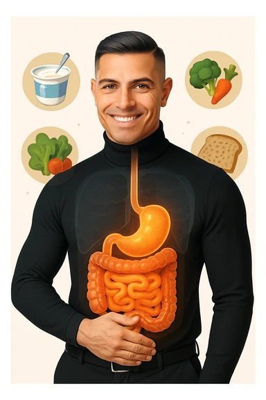 a fit, smiling man stands confidently with one hand on his abdomen. A transparent overlay reveals a healthy, detailed digestive tract with a glowing, vibrant intestine. Around him, icons of healthy foods like yogurt, vegetables, and whole grains float, symbolizing good gut health. The background is clean and bright, with an educational mood. sticker