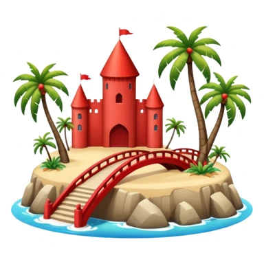 a circular island with a modern chateau, a beach with palm trees in front. also, a red bridge behind.  sticker