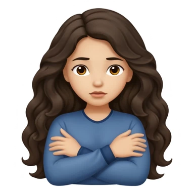 Hispanic light tan girl with long dark wavy hair crossing her arms under arm pit and slightly pouting sticker