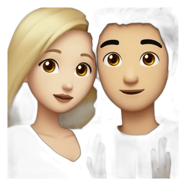Blonde girl with brown eyes in black sweater and asian man with black hair and white skin hugging sticker